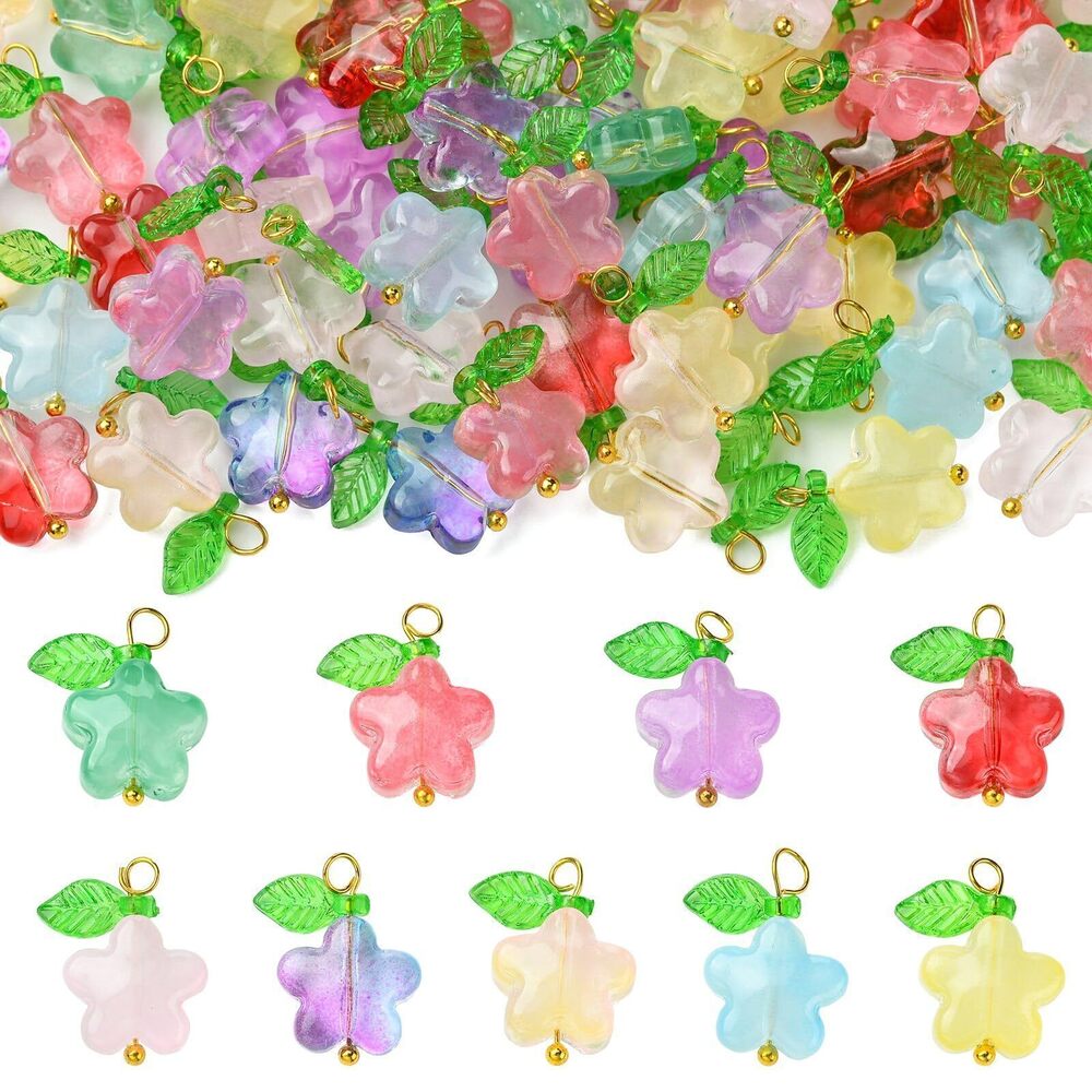 7018 90Pcs 9 Colors Glass Flower Charms Spring Floral Leaf Cherry Blossom